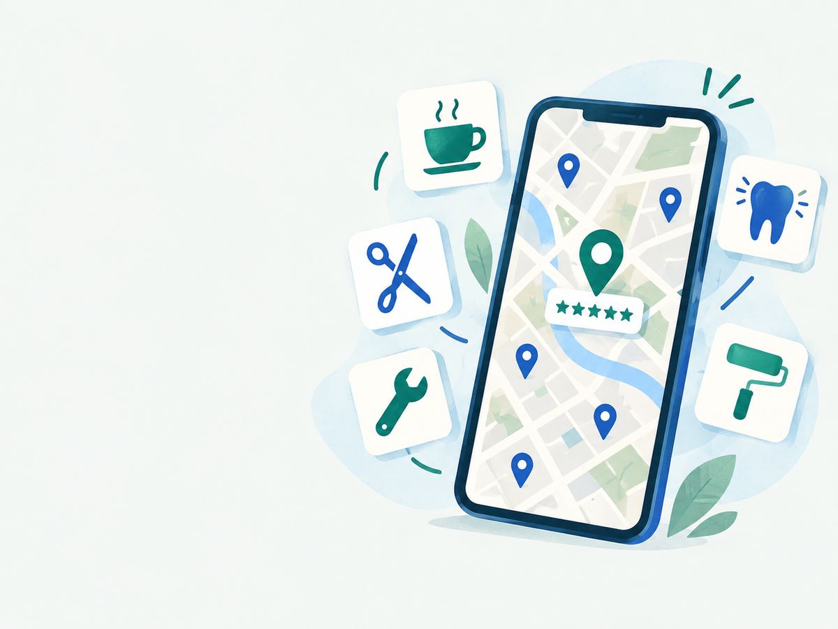 Иллюстрация: смартфон с картой и метками, вокруг — значки кафе, салона, автосервиса, стоматологии и ремонта